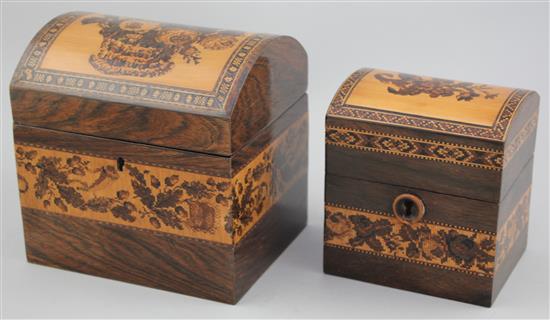 A Tunbridge ware rosewood flower basket mosaic dome top tea caddy and a similar smaller tea caddy, 5.5in.